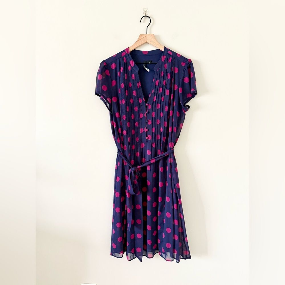 Chiasso Short Sleeve Fit & Flare Dress in Navy & Pink Dot - Size 16